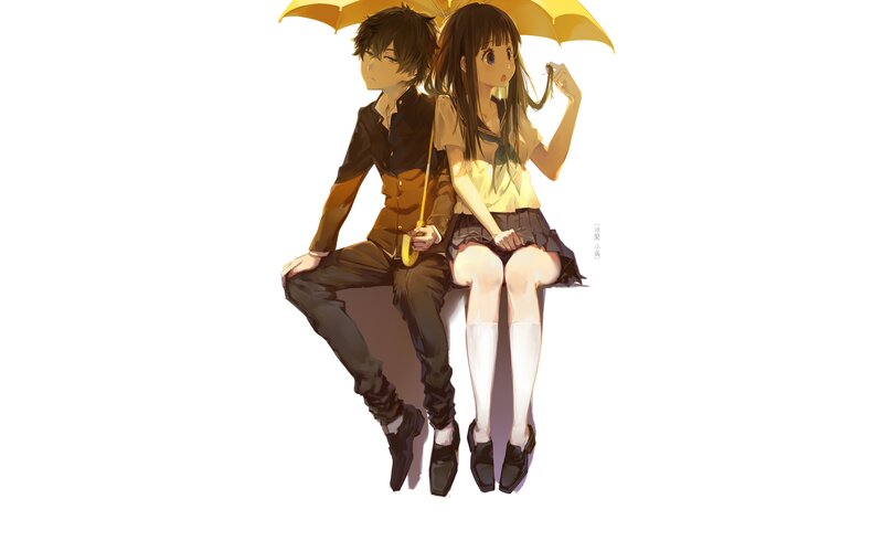 Anime Couple under Umbrella — Yellow, Calm, Afternoon