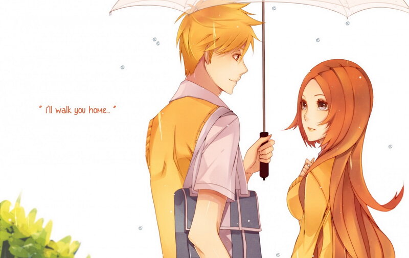 Anime Couple under Umbrella — Yellow, Calm