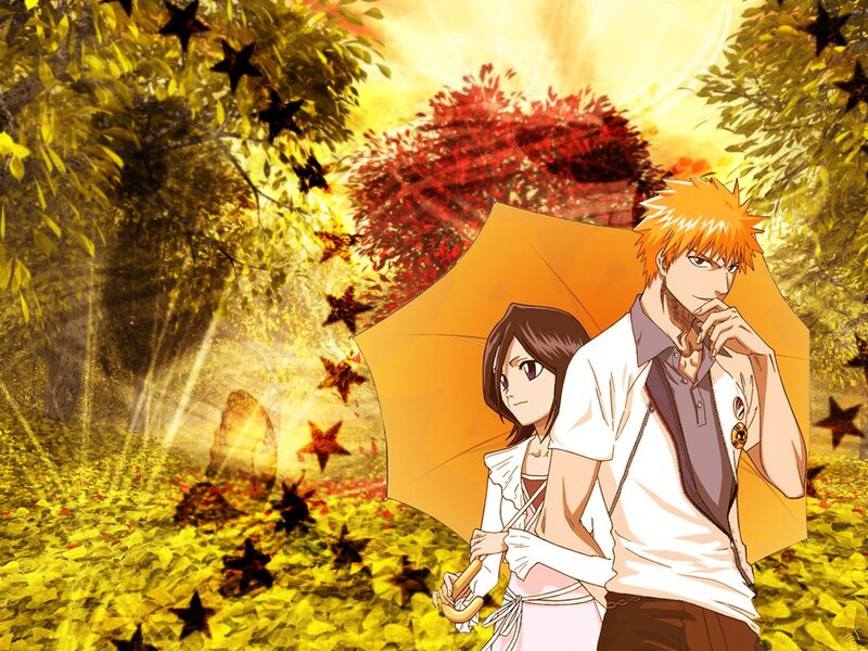 Anime Couple under Umbrella — Yellow