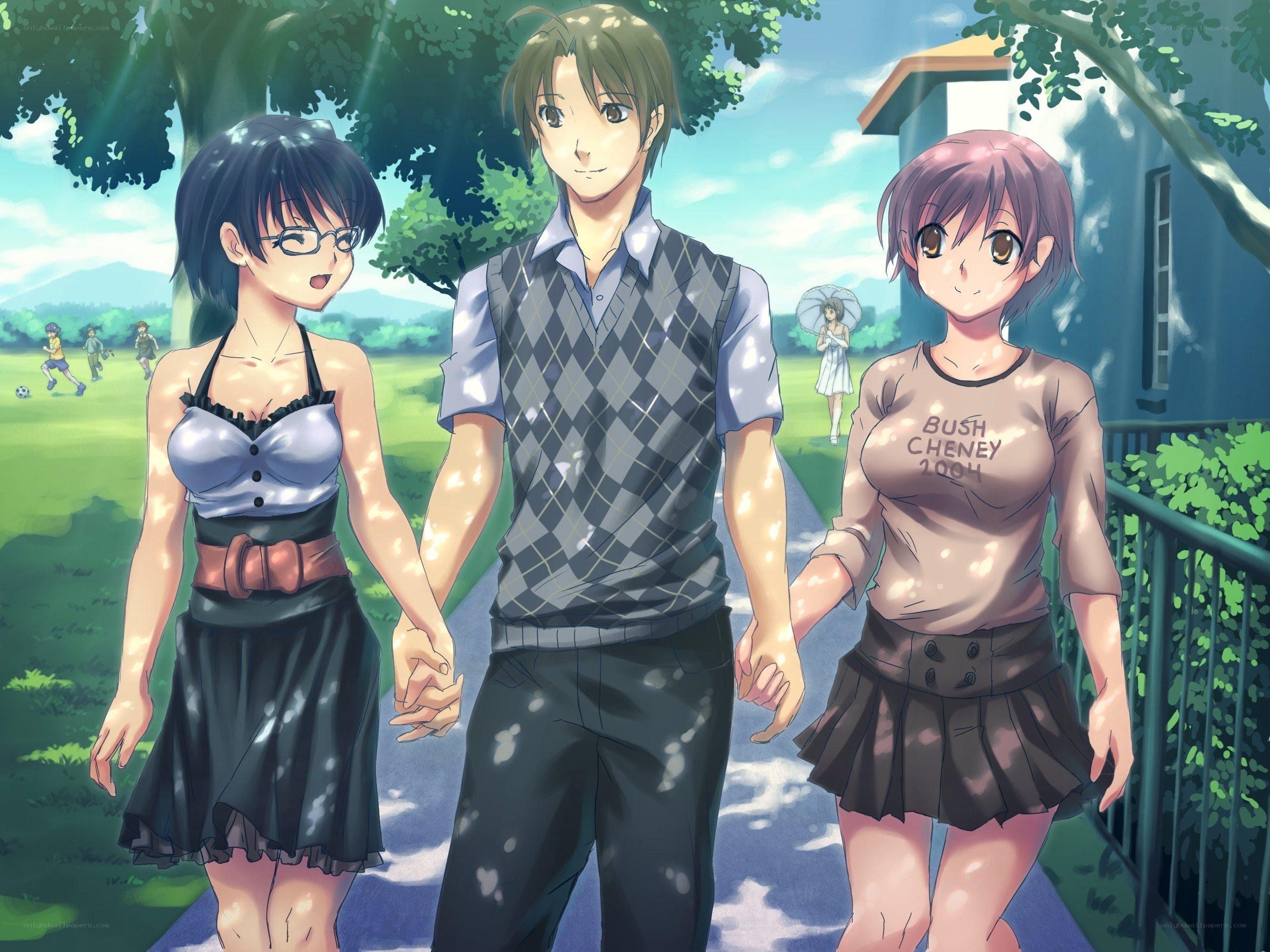 Anime couple walking in park