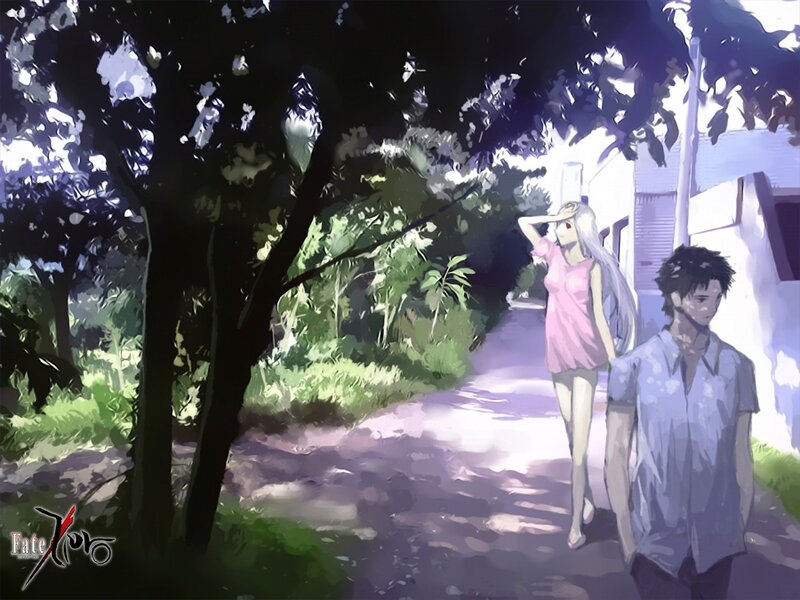 Anime couple walking on path