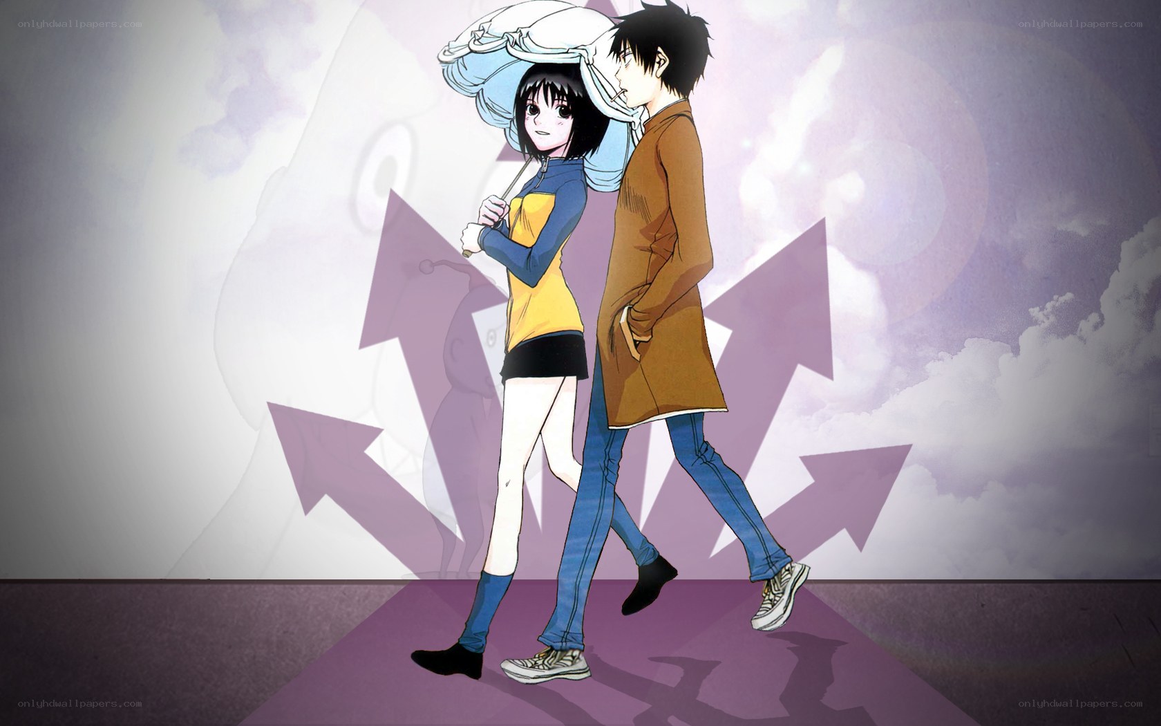 anime couple walking together