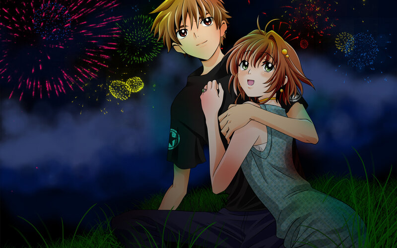 Anime Couple Watching Fireworks — Blue