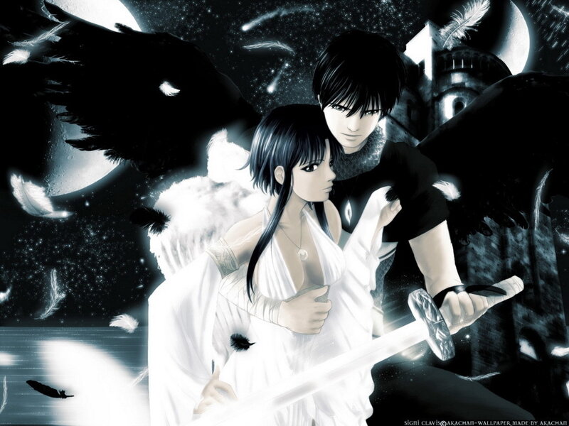 Anime couple with angel and demon wings