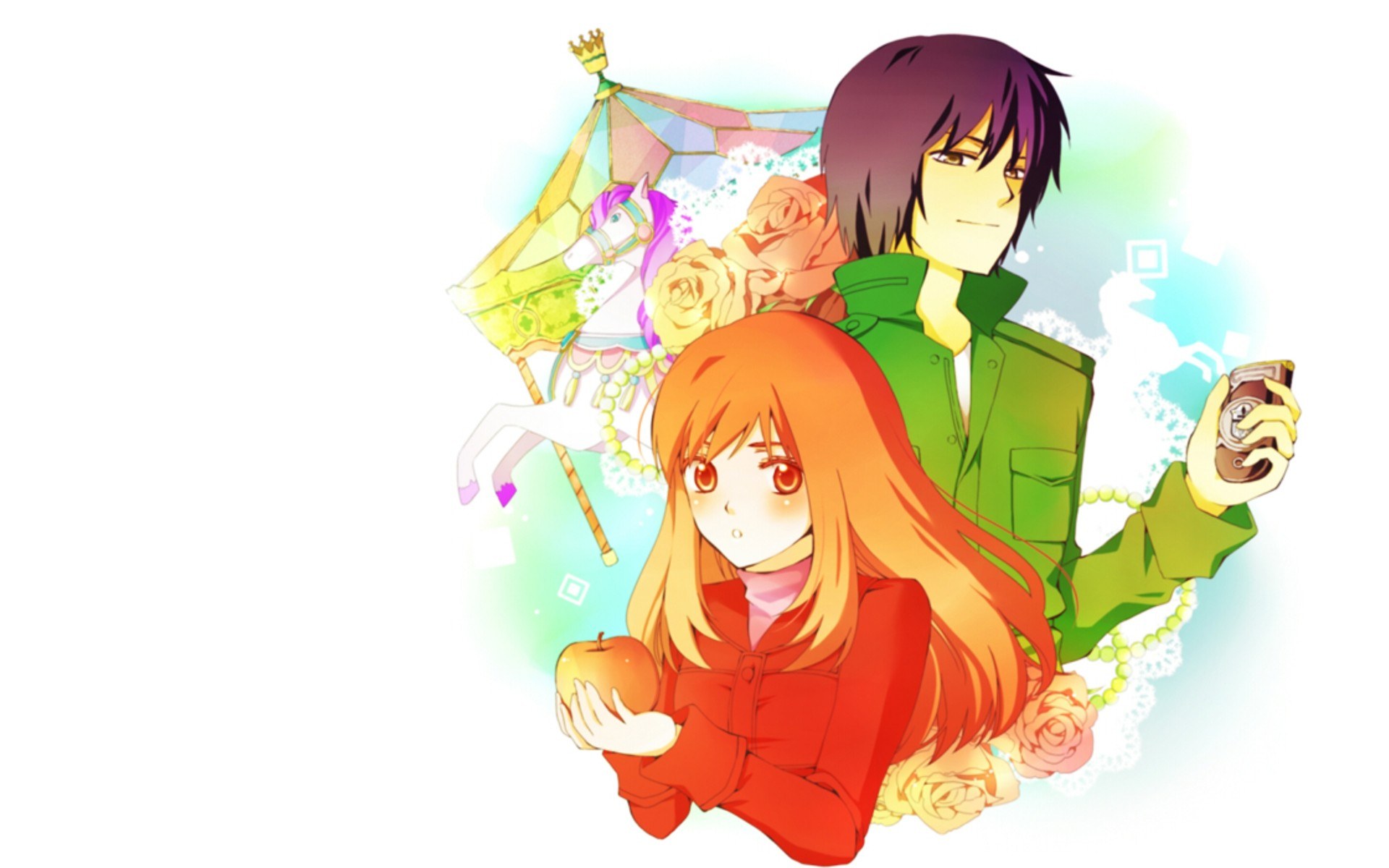 anime couple with apple and camera