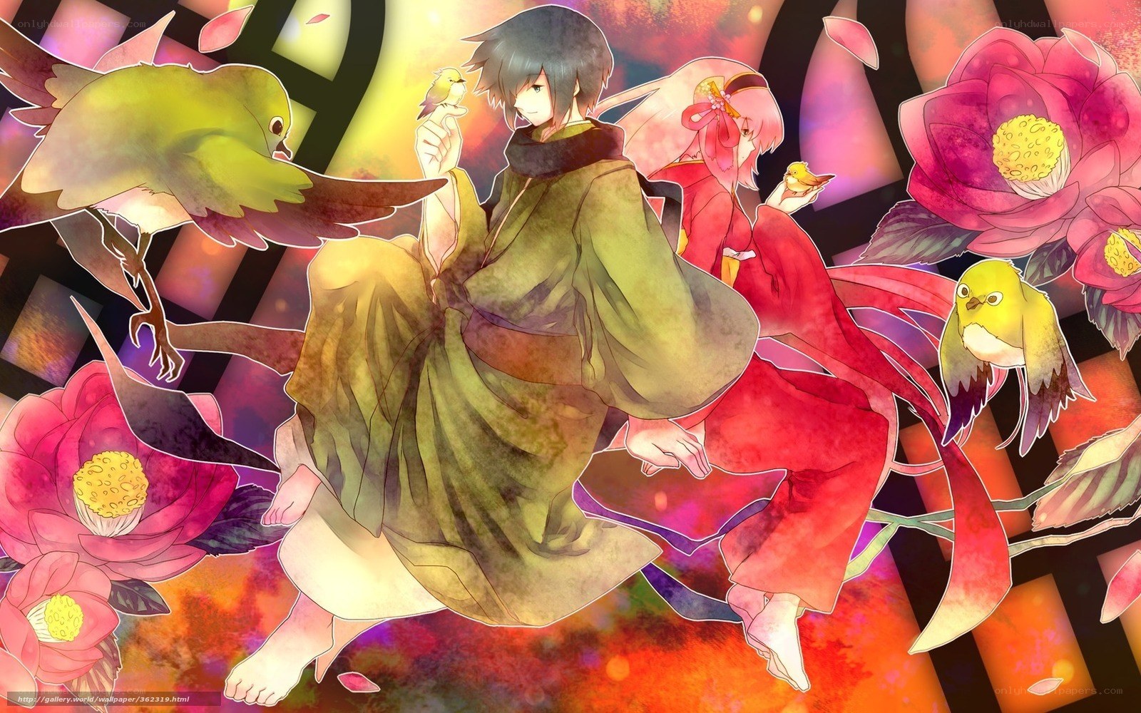 Anime couple with birds and flowers