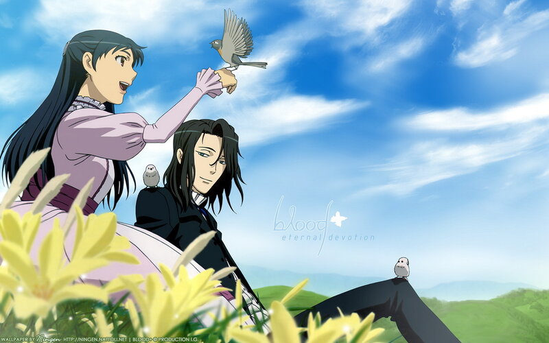 Anime couple with birds