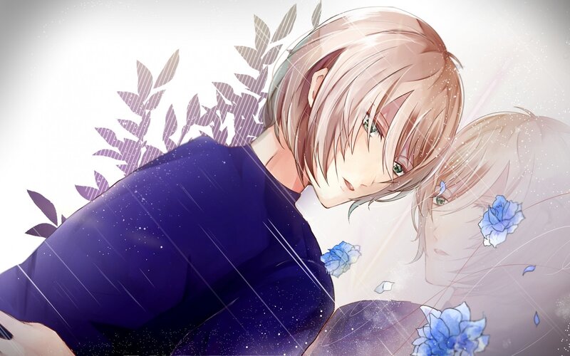 anime couple with blue flowers
