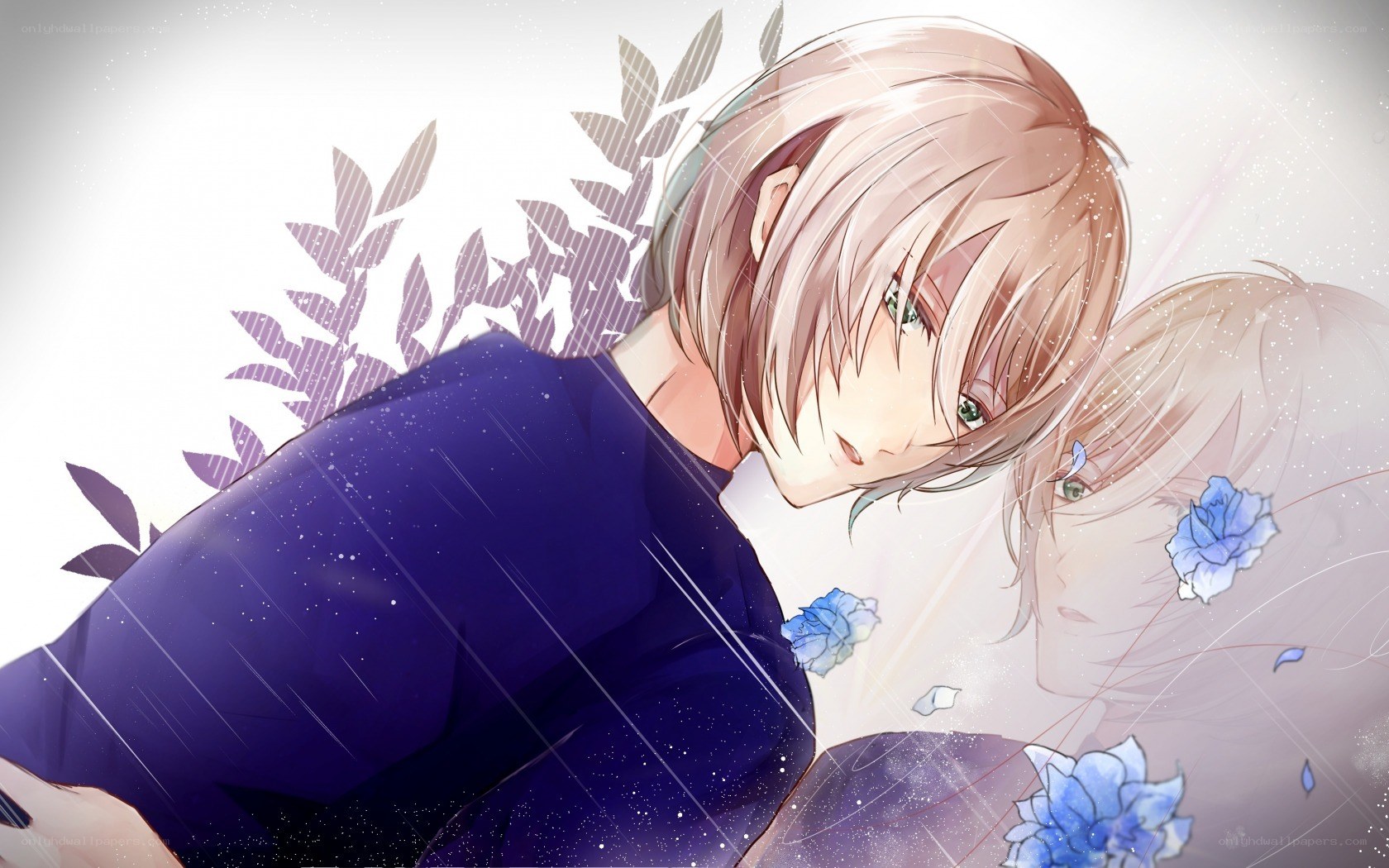anime couple with blue flowers