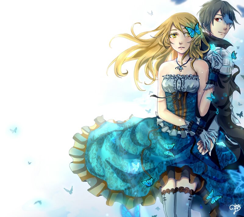 Anime Couple with Butterflies — Blue
