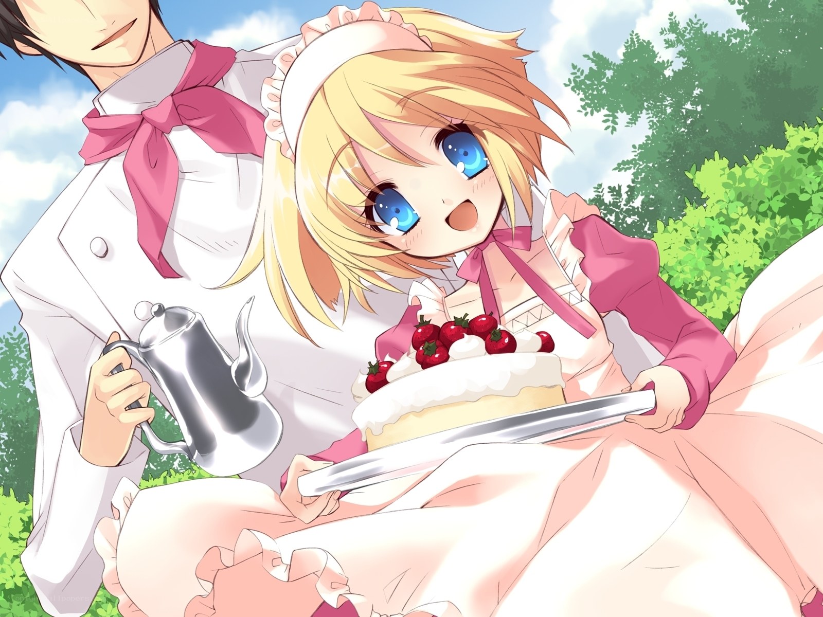 Anime couple with cake and tea