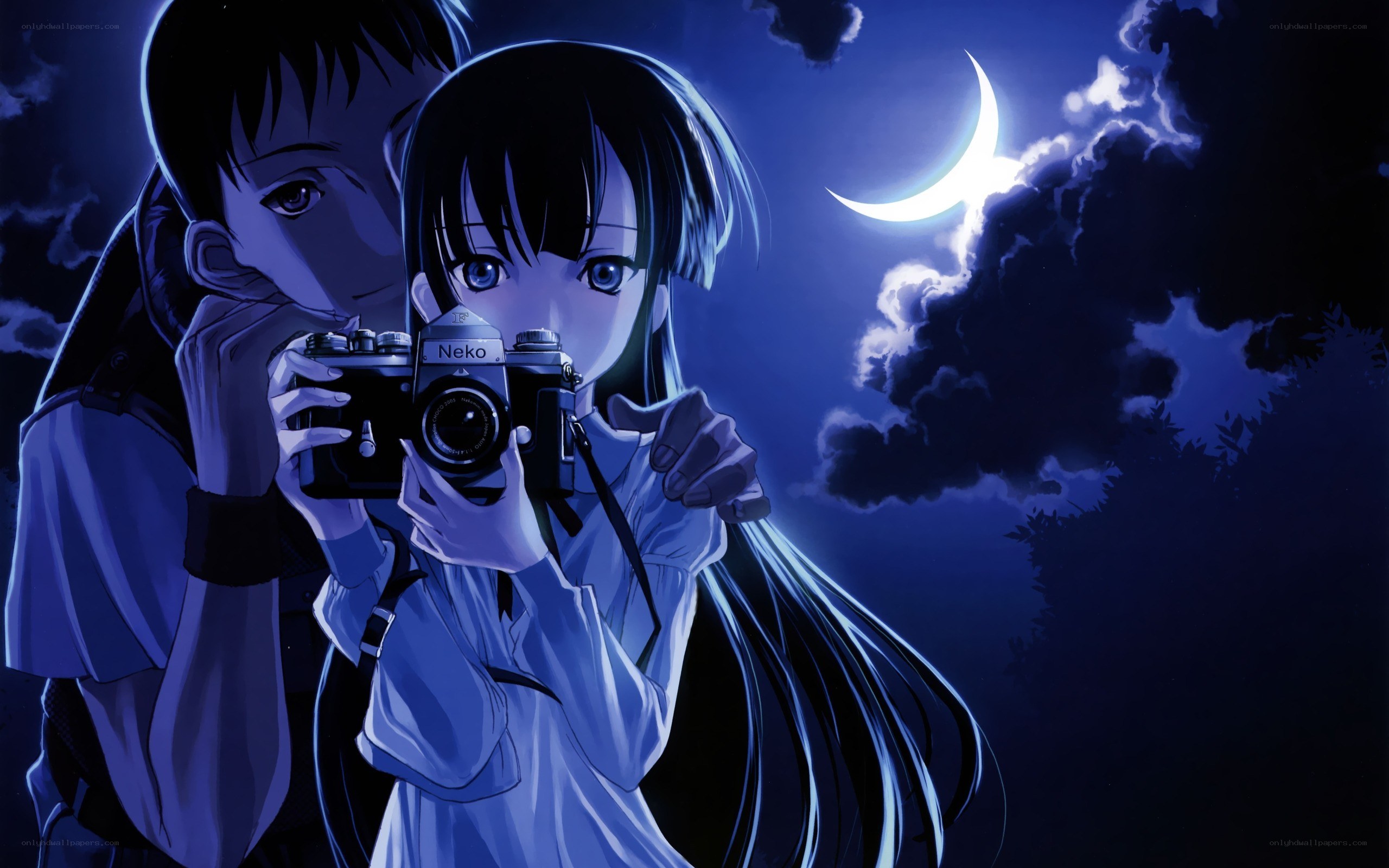 Anime couple with camera at night