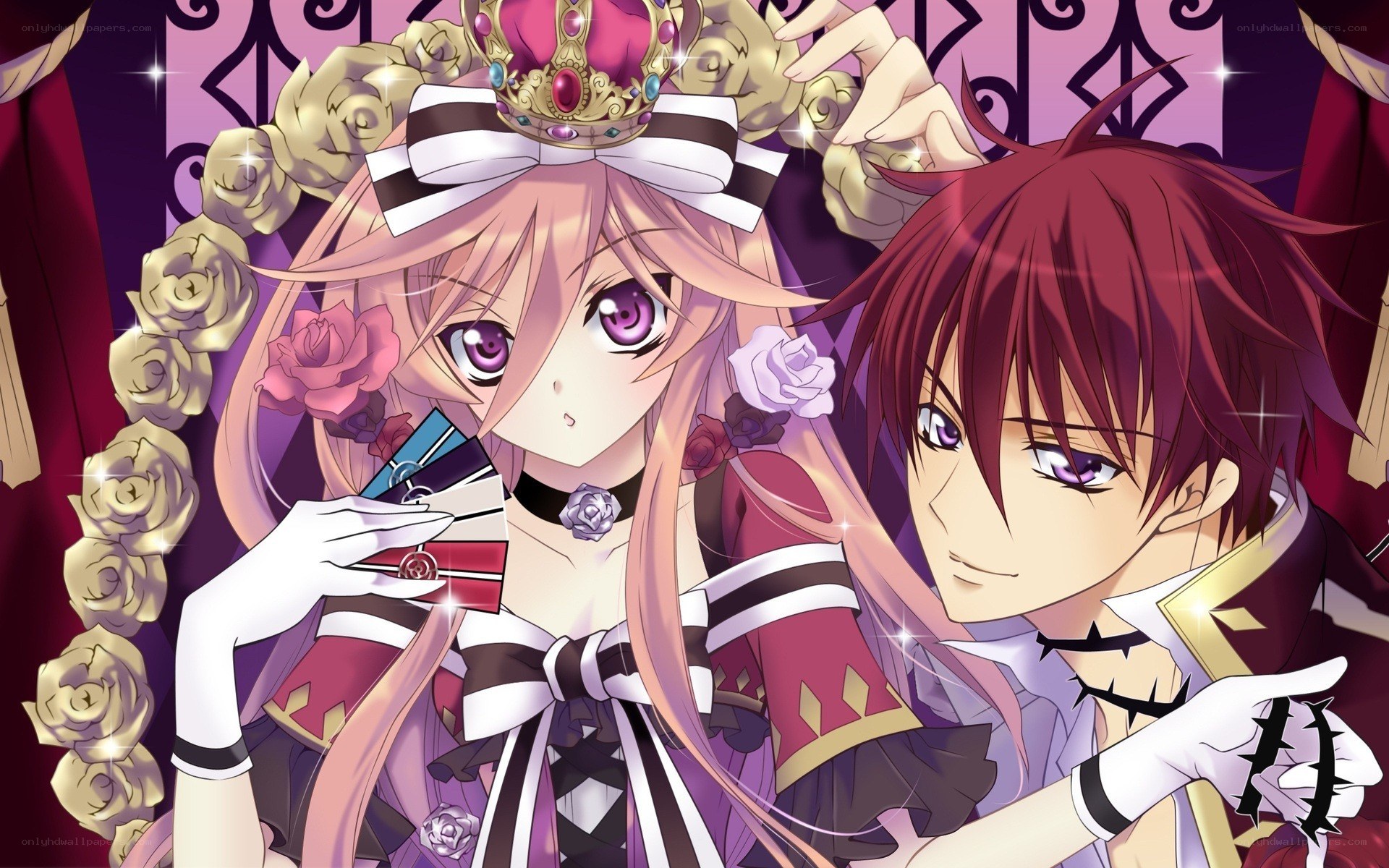 anime couple with cards