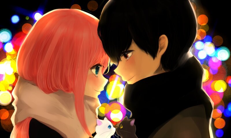 Anime Couple with Cats — Pink