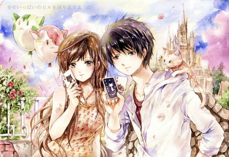 Anime Couple with Cats — Purple