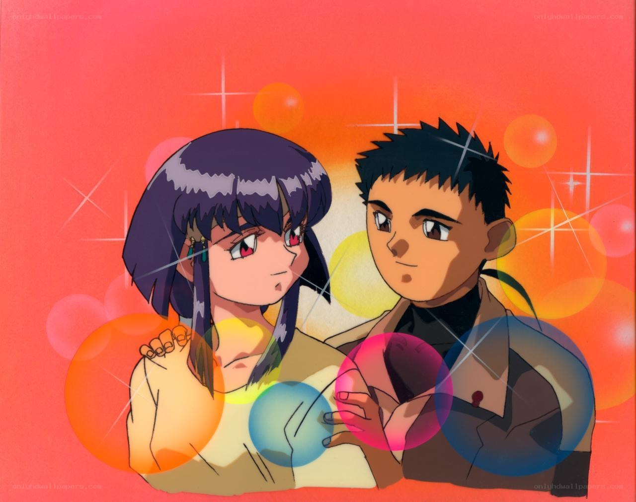 anime couple with colorful orbs