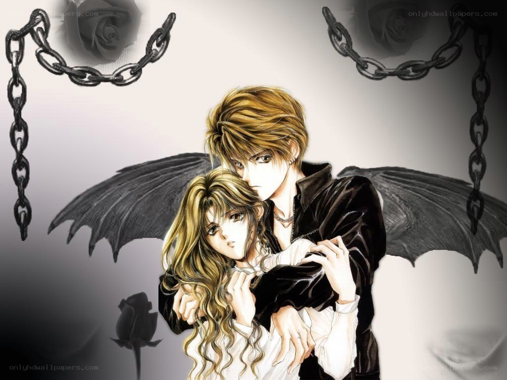 Anime couple with dark wings