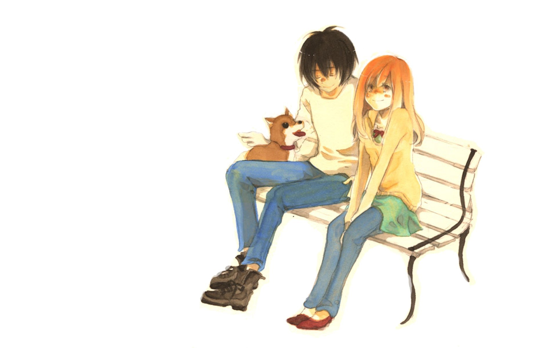 Anime couple with dog on bench