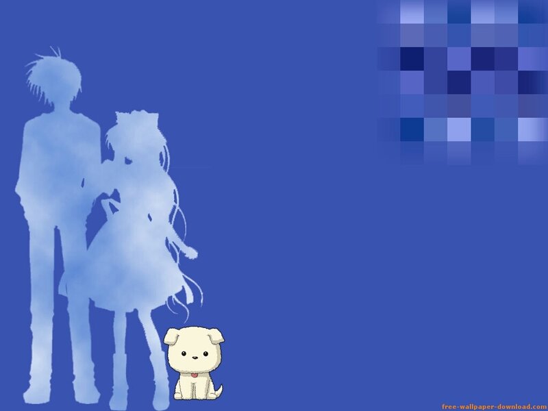 anime couple with dog silhouette