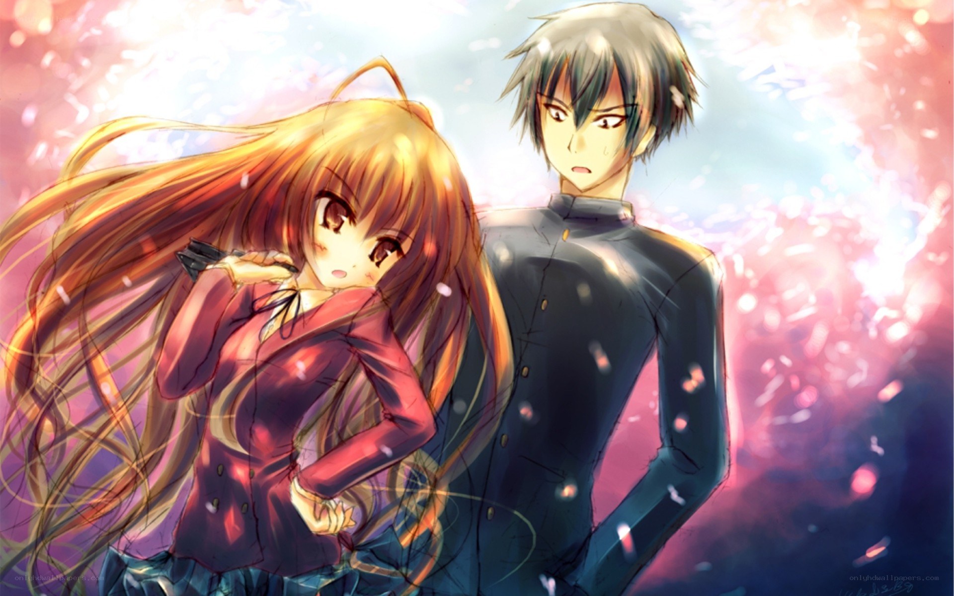 anime couple with falling petals