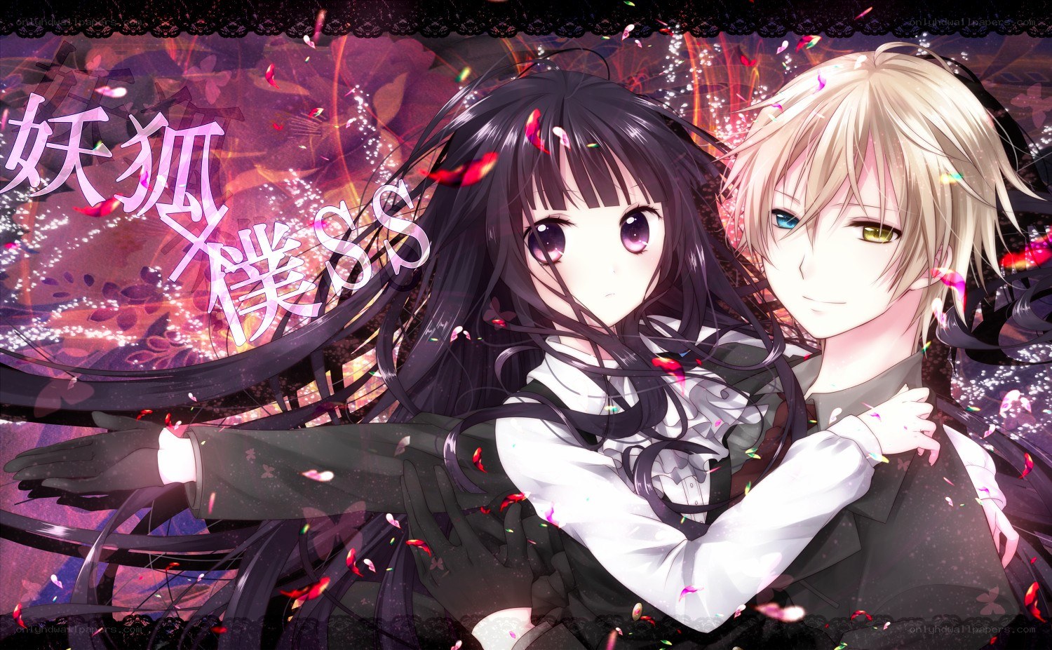 Anime couple with falling petals