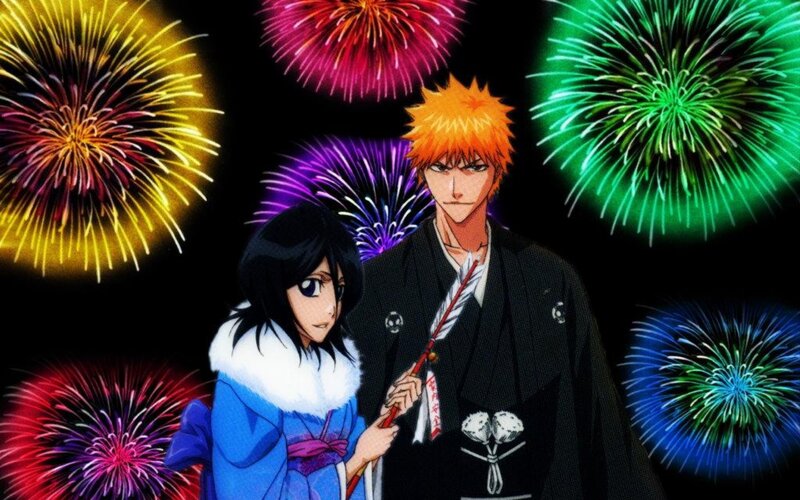 Anime Couple with Fireworks — Black
