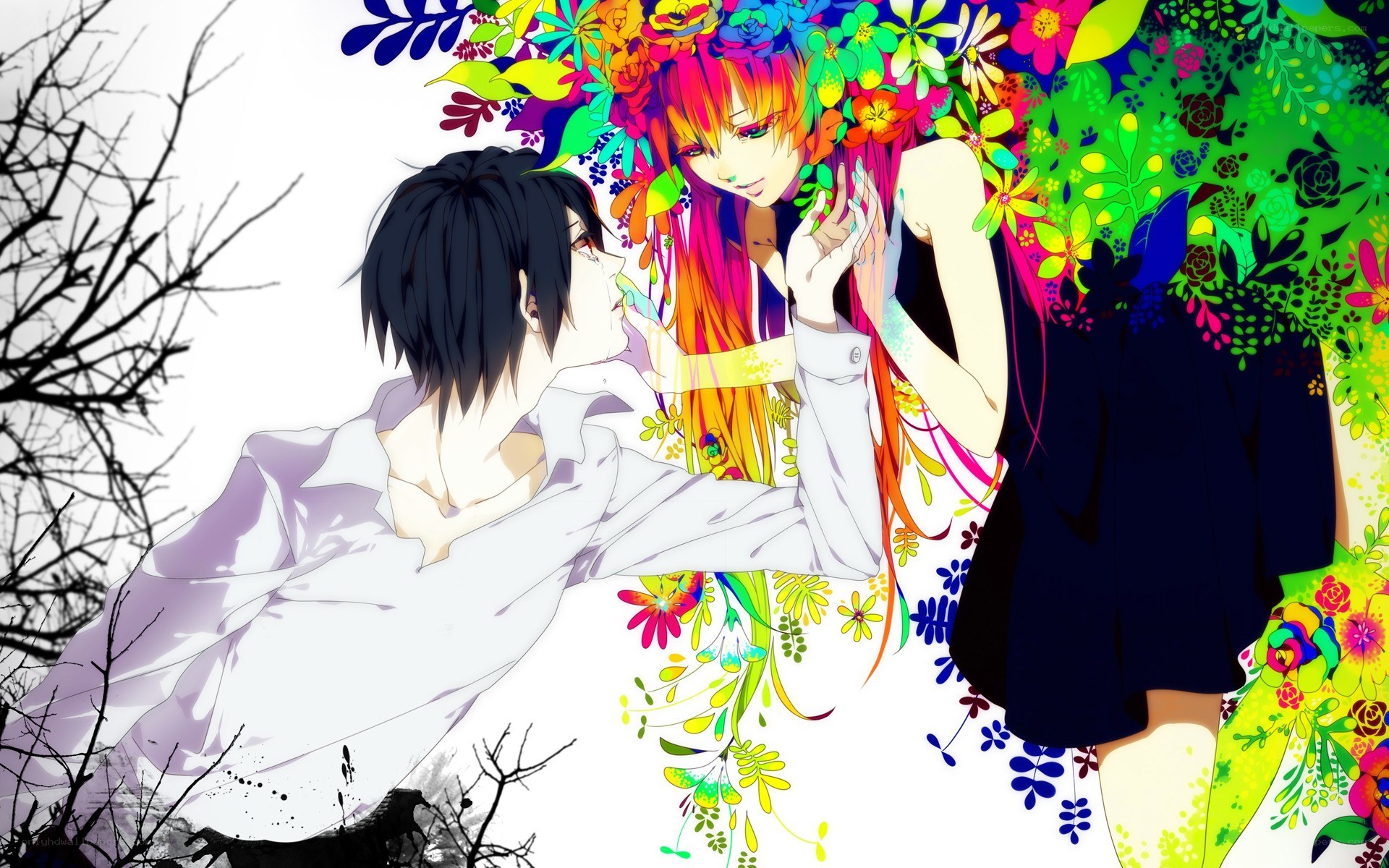 anime couple with flowers