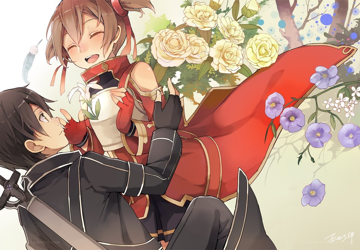Anime couple with flowers