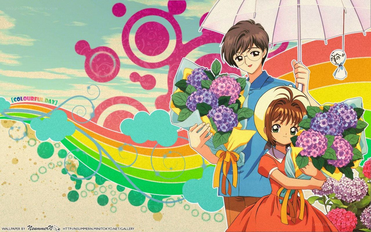 Anime couple with flowers and rainbow