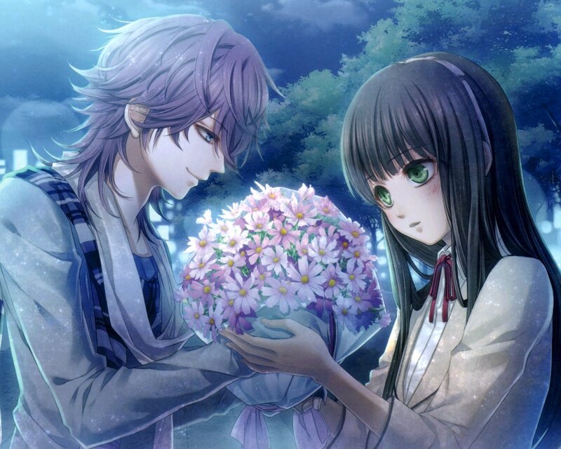 Anime Couple with Flowers — Blue