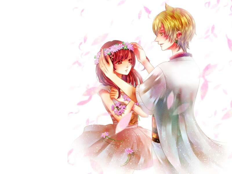 Anime Couple with Flowers — Pink, Serene