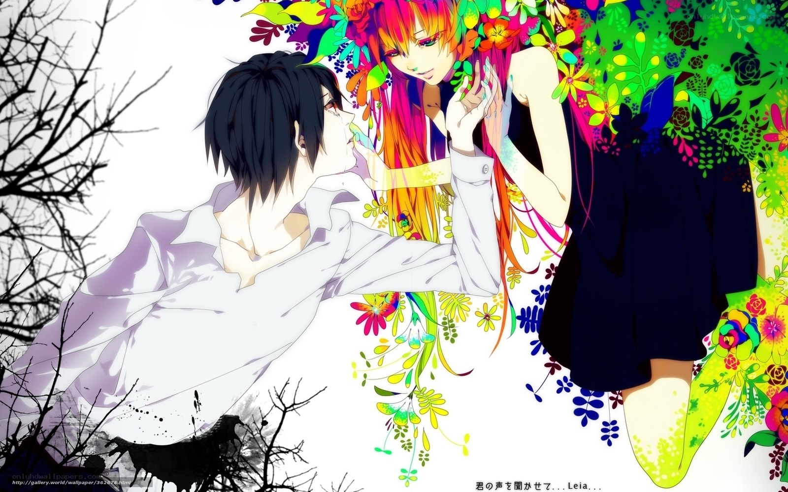 Anime couple with flowers