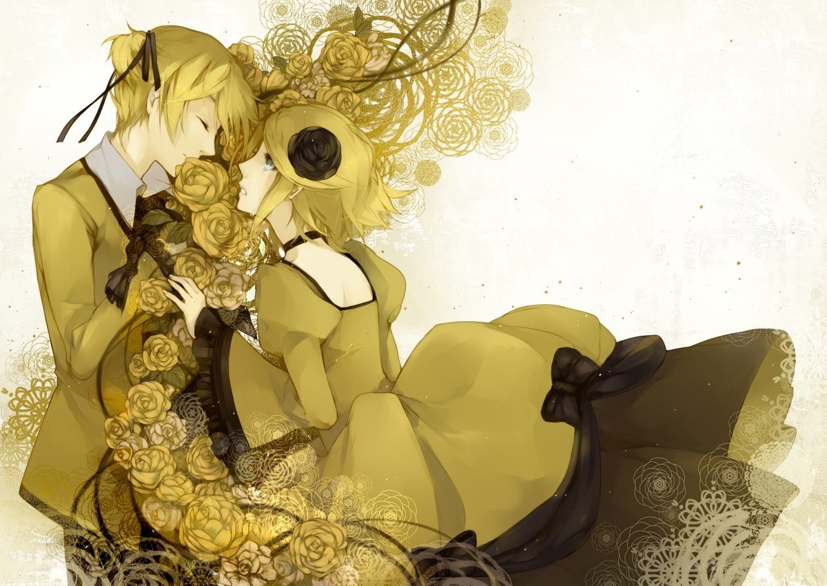Anime couple with golden roses