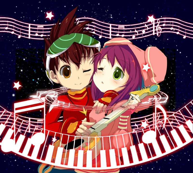 Anime couple with guitar and music