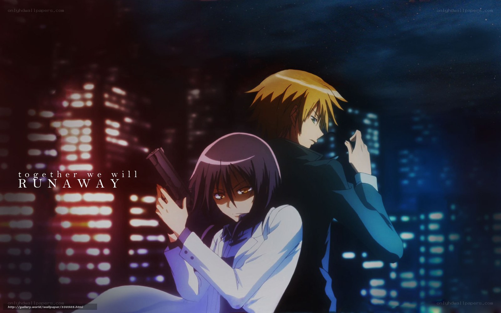 anime couple with guns at night