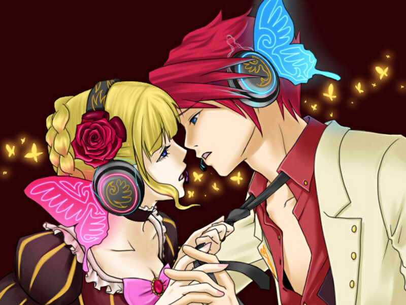 anime couple with headphones