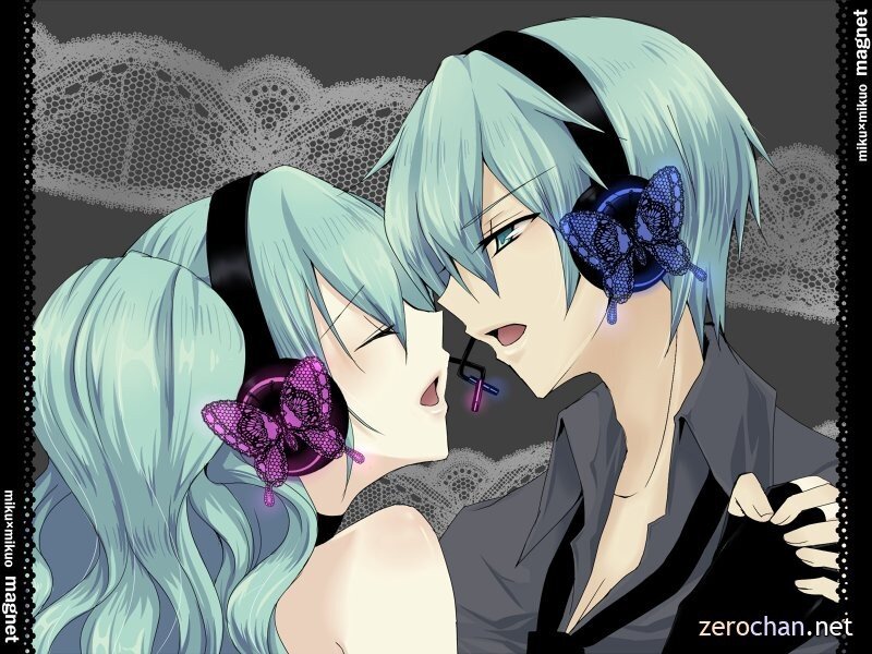 anime couple with headphones