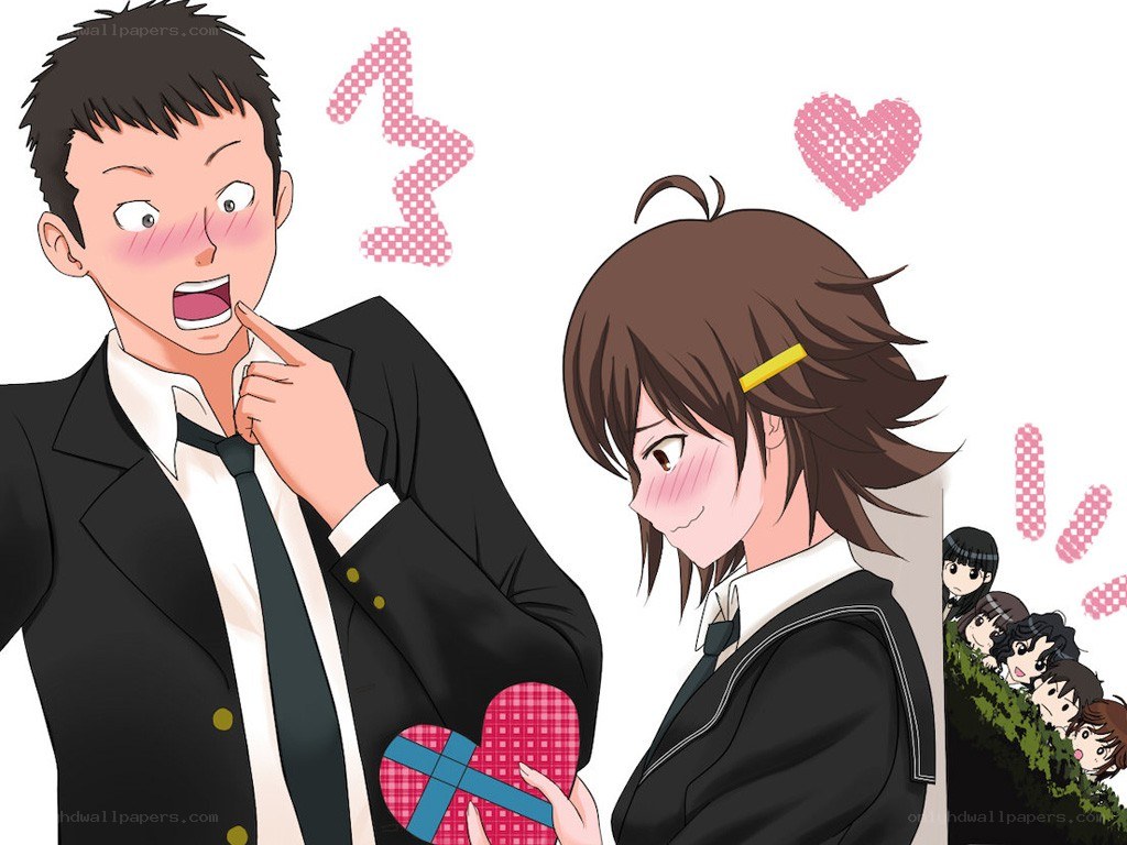 Anime couple with heart gift