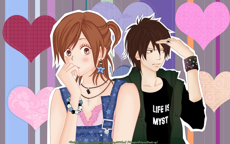 anime couple with hearts