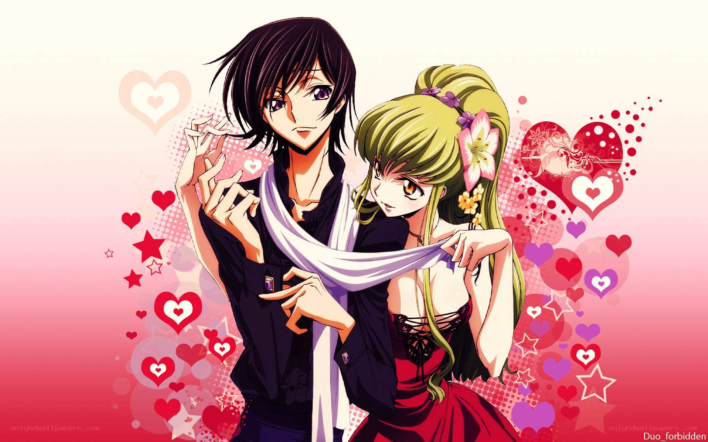 anime couple with hearts
