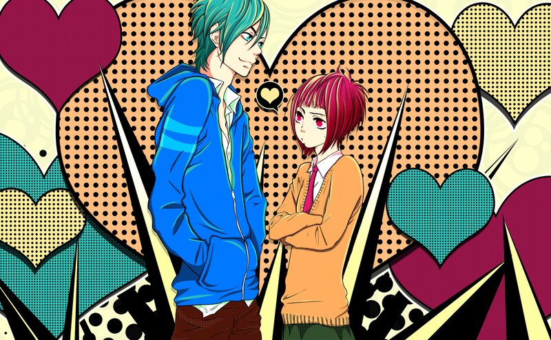 Anime couple with hearts