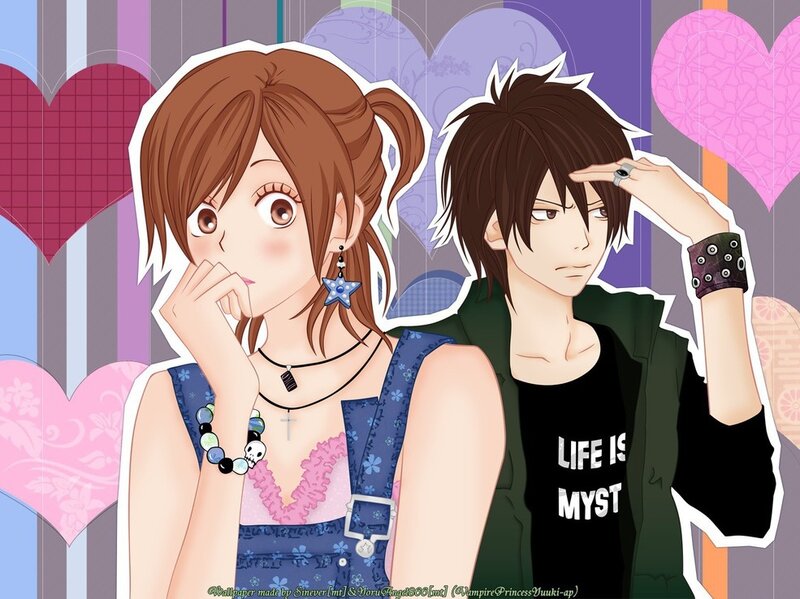 Anime Couple with Hearts — Purple