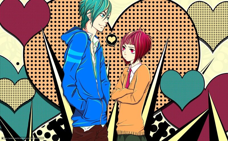 anime couple with hearts