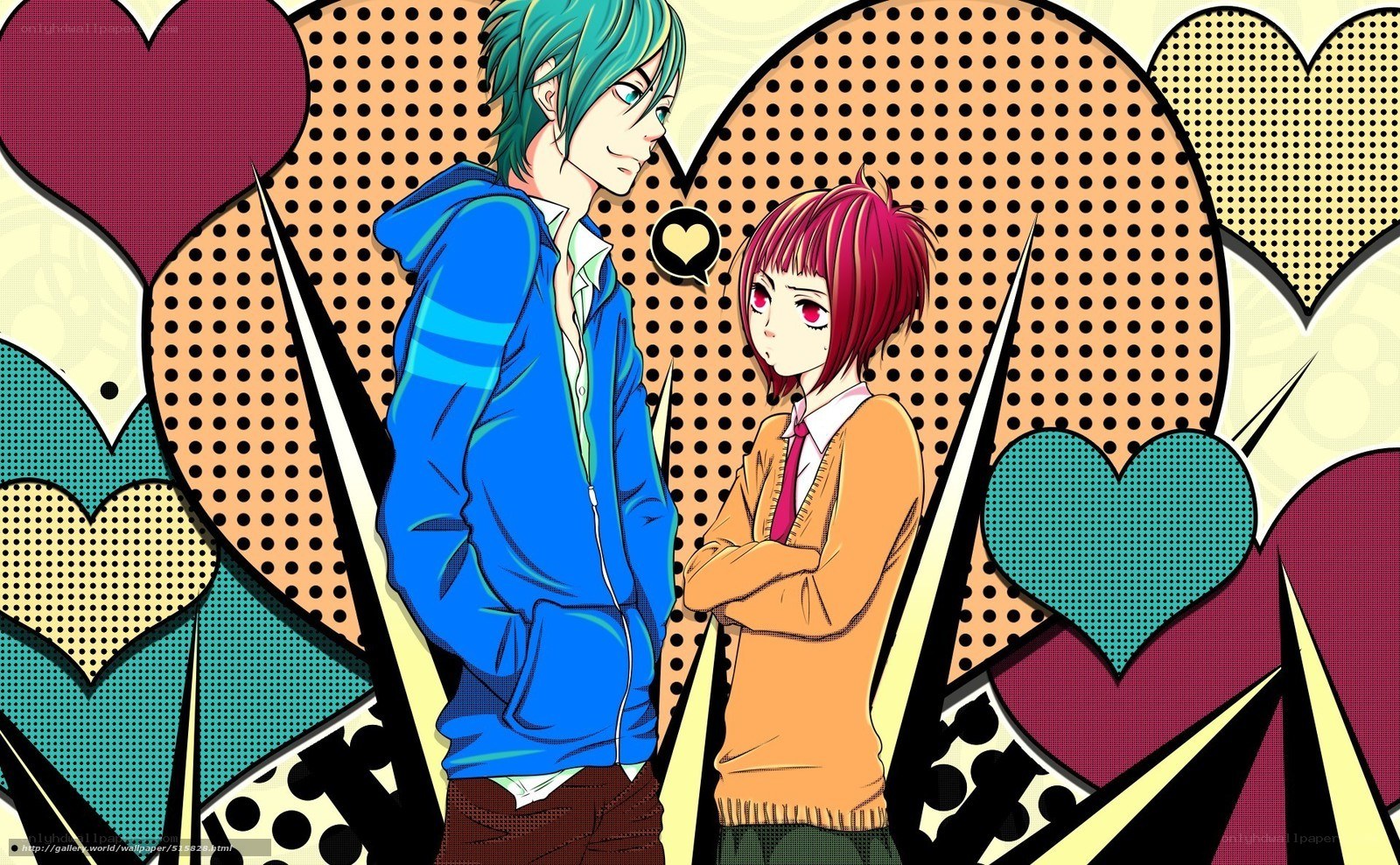 anime couple with hearts