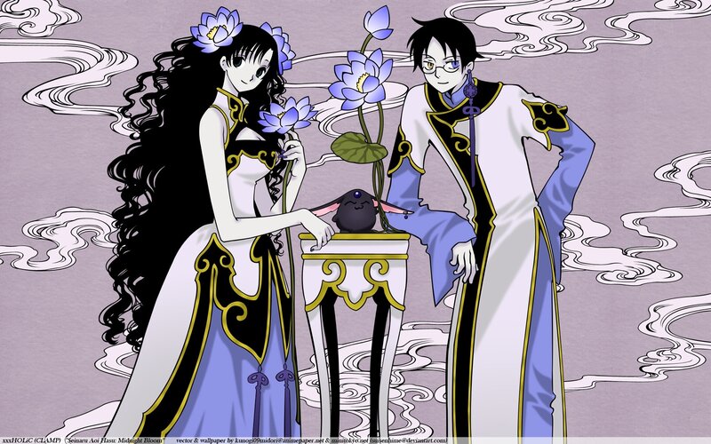 Anime couple with lotus flowers