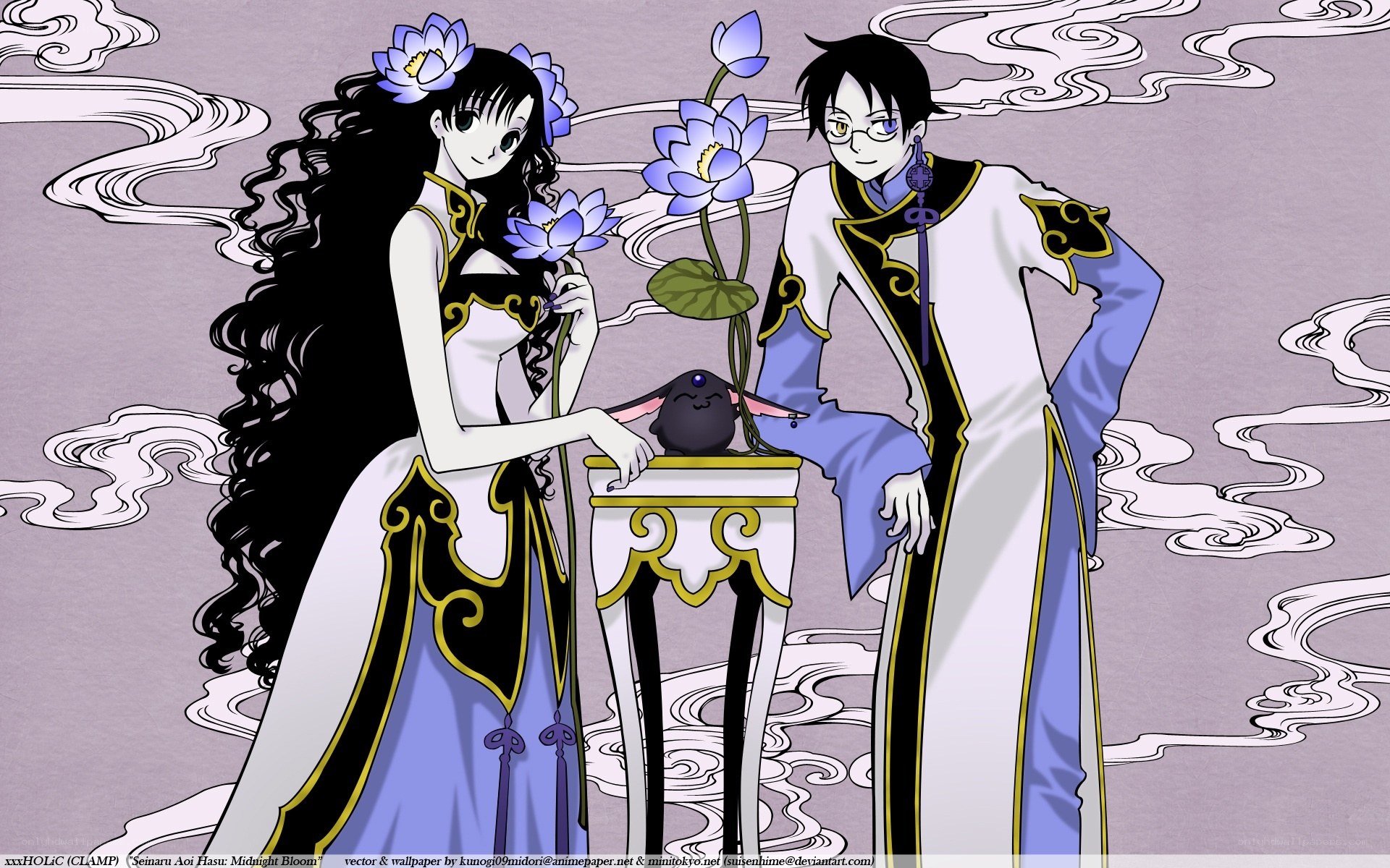 Anime couple with lotus flowers
