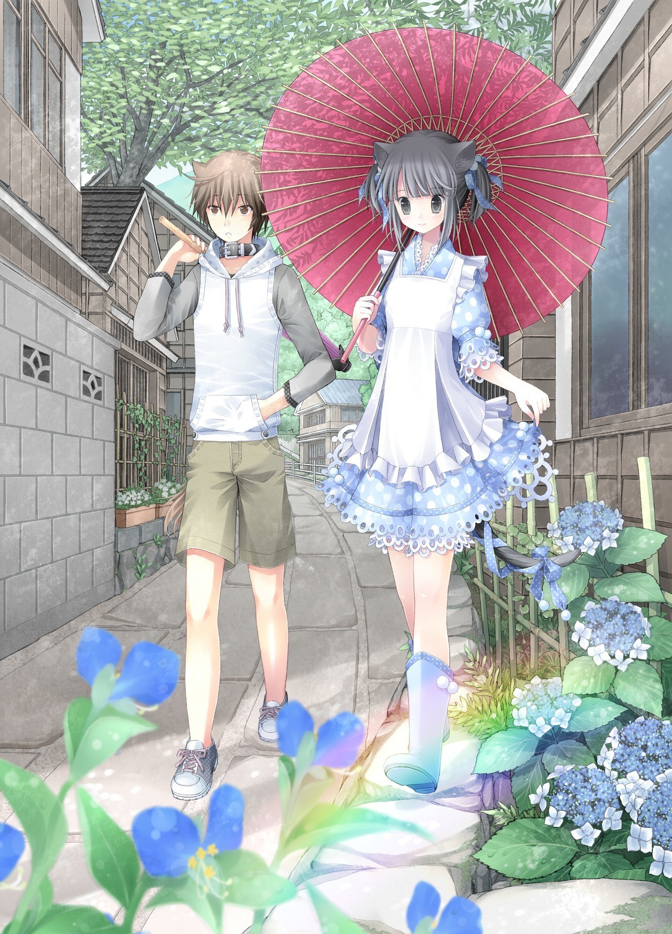 Anime couple with parasol