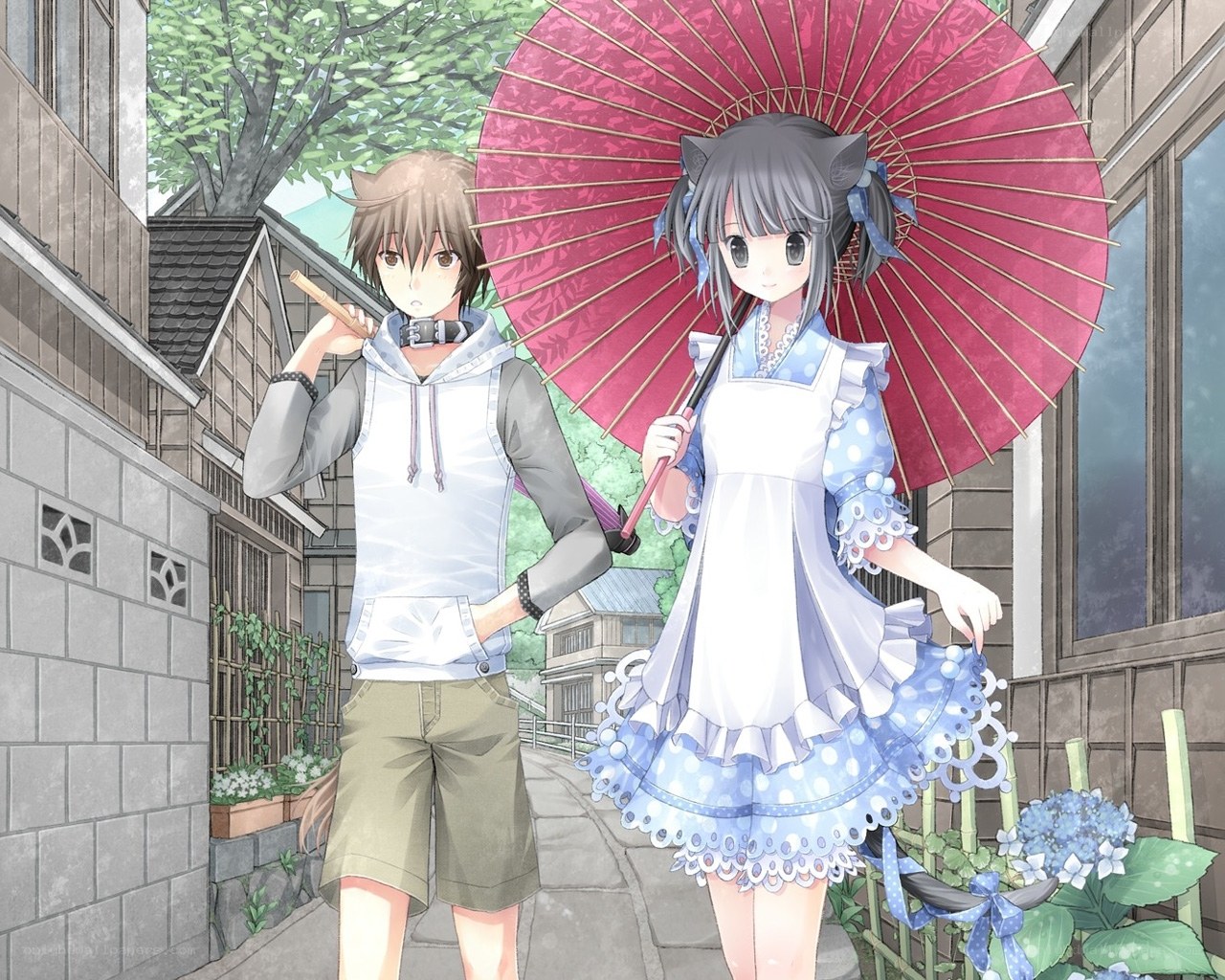 Anime couple with parasol