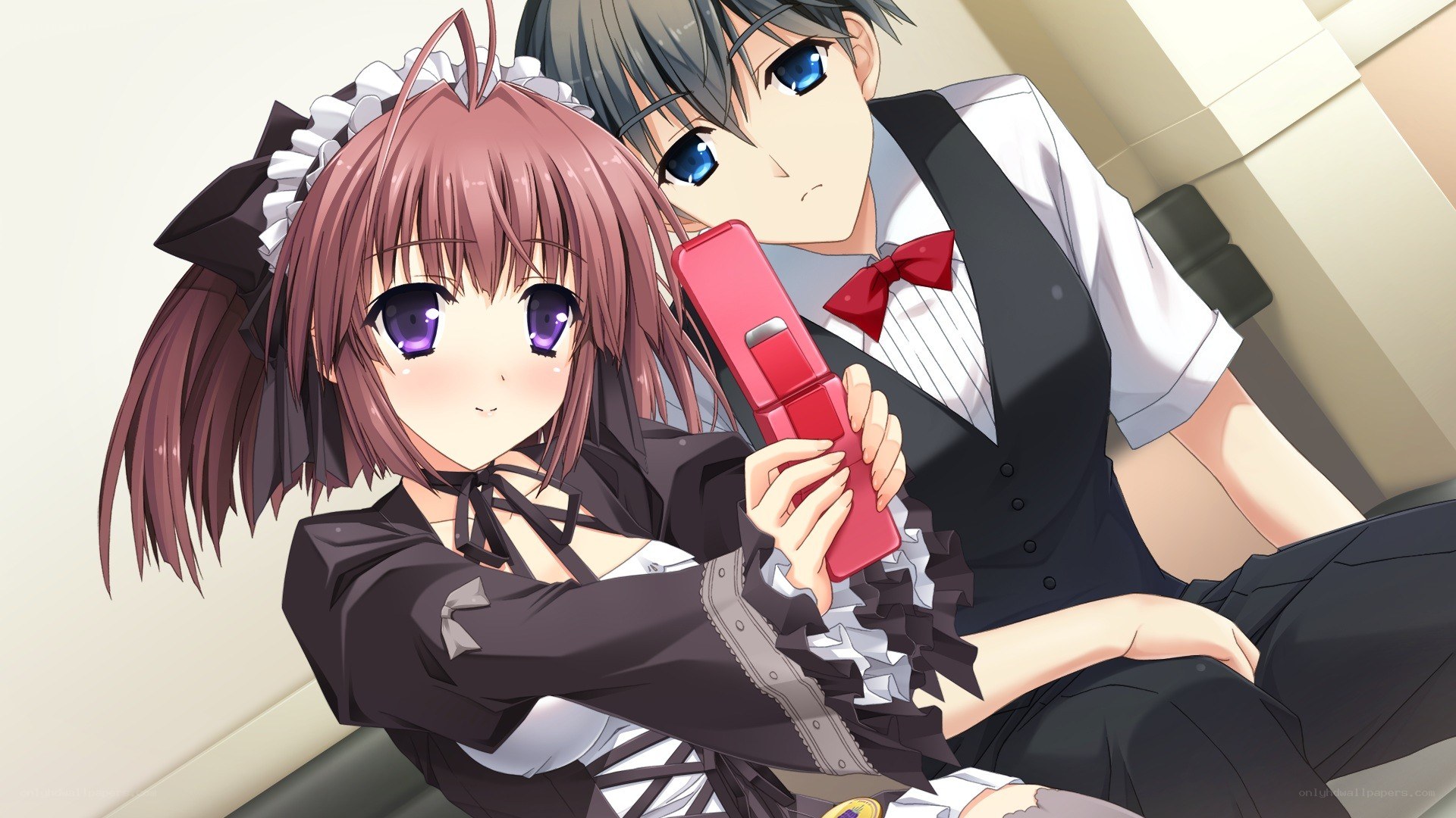 anime couple with phone