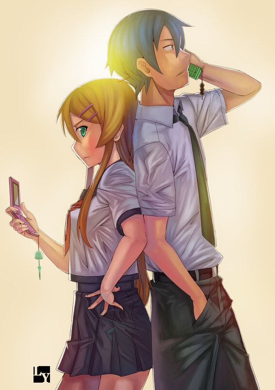 Anime couple with phones